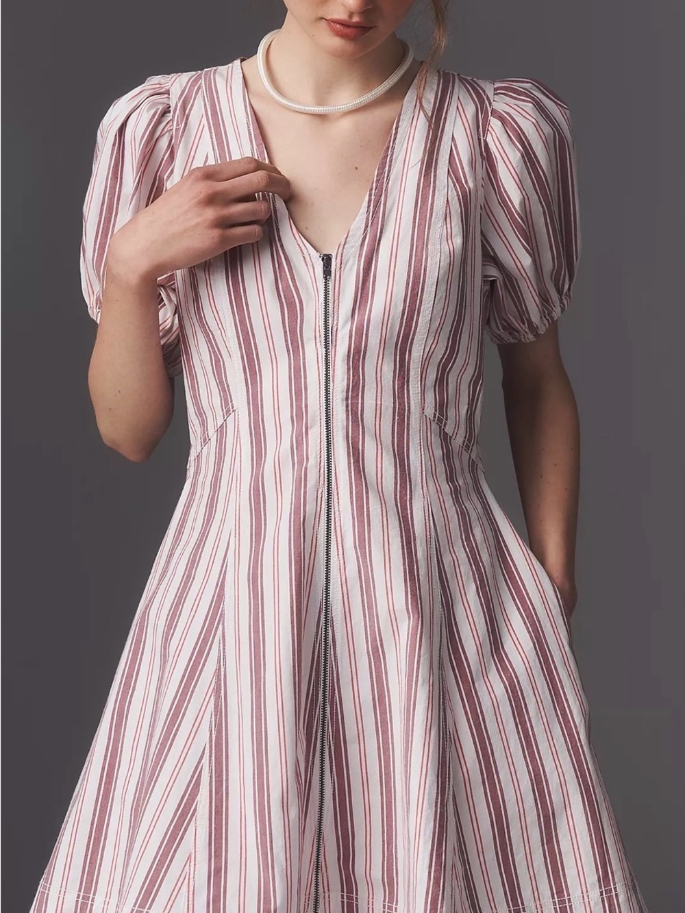 Anthropologie Blush and White Striped Puff-Sleeve Mini Dress